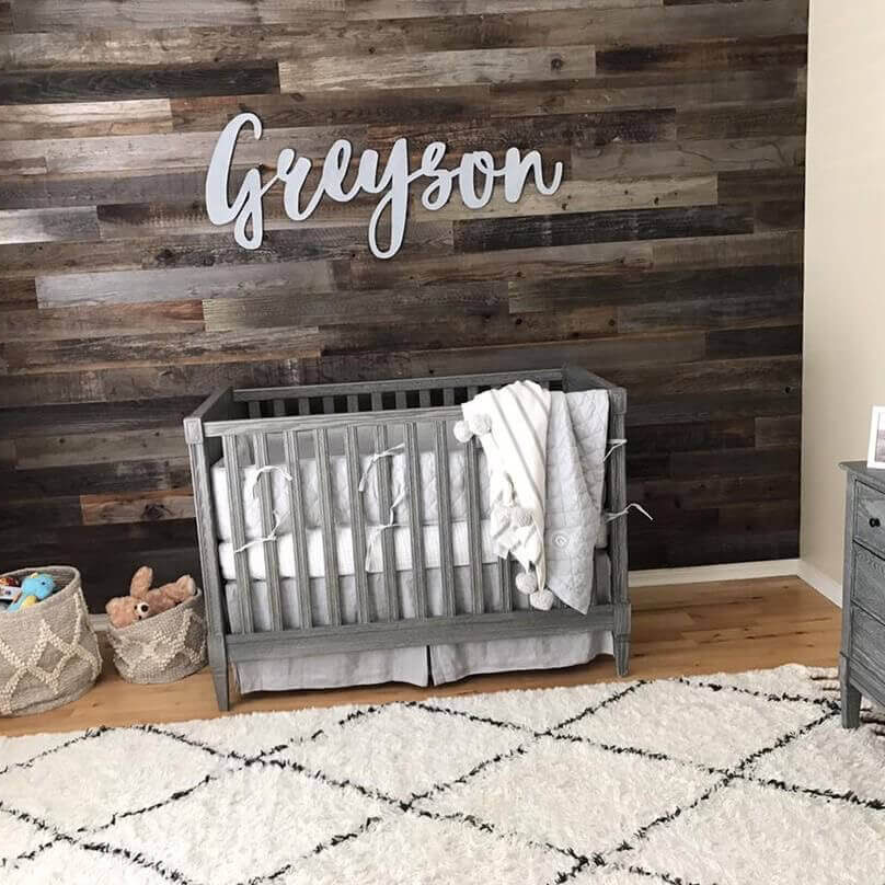 reclaimed wood wall in nursery